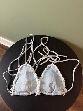 Denim Triangle Bikini Top with Frayed Edges
